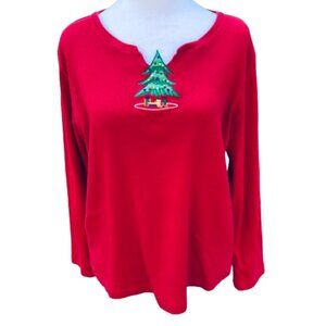 Onque Casuals Red Holiday Tee-Shirt LS with Embellished Christmas Tree, sz Large